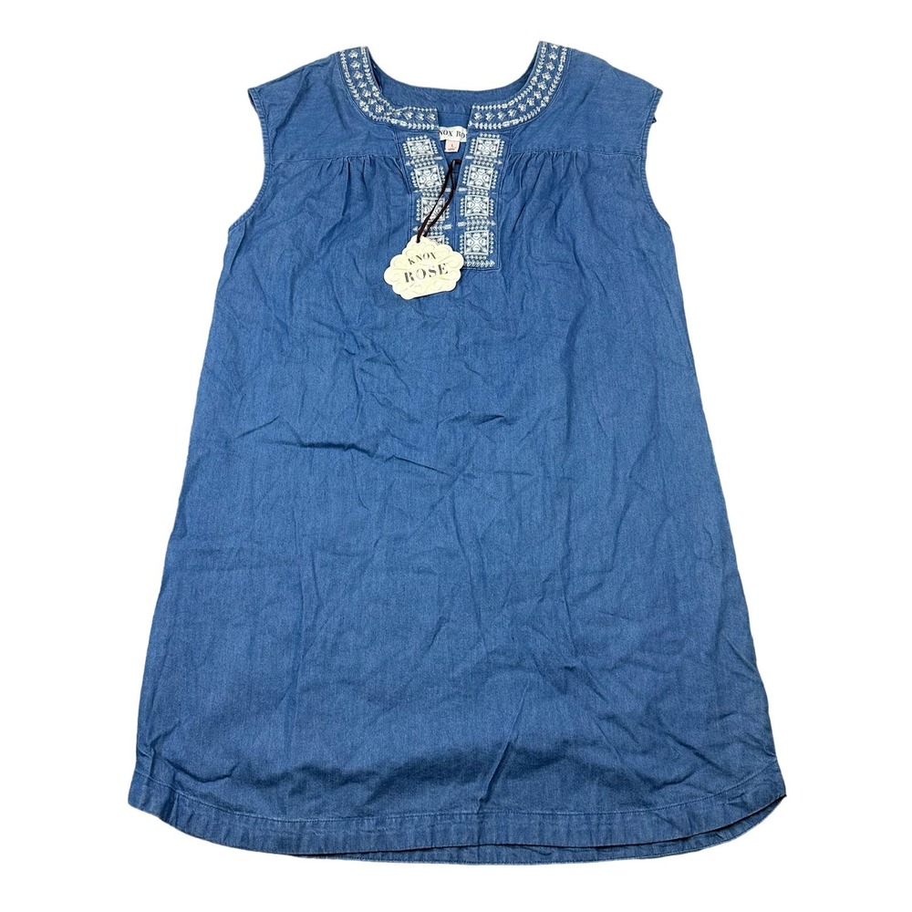 Knox Rose Size L Womens Sleeveless Chambray Embroidered Knee Length Dress NWT